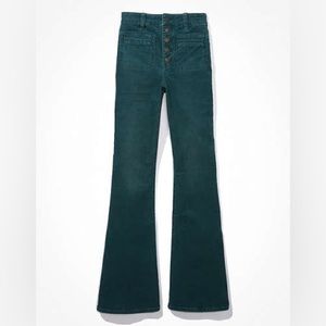 American Eagle Super Hi-Rise Flare Green Corduroy Button Fly Jeans